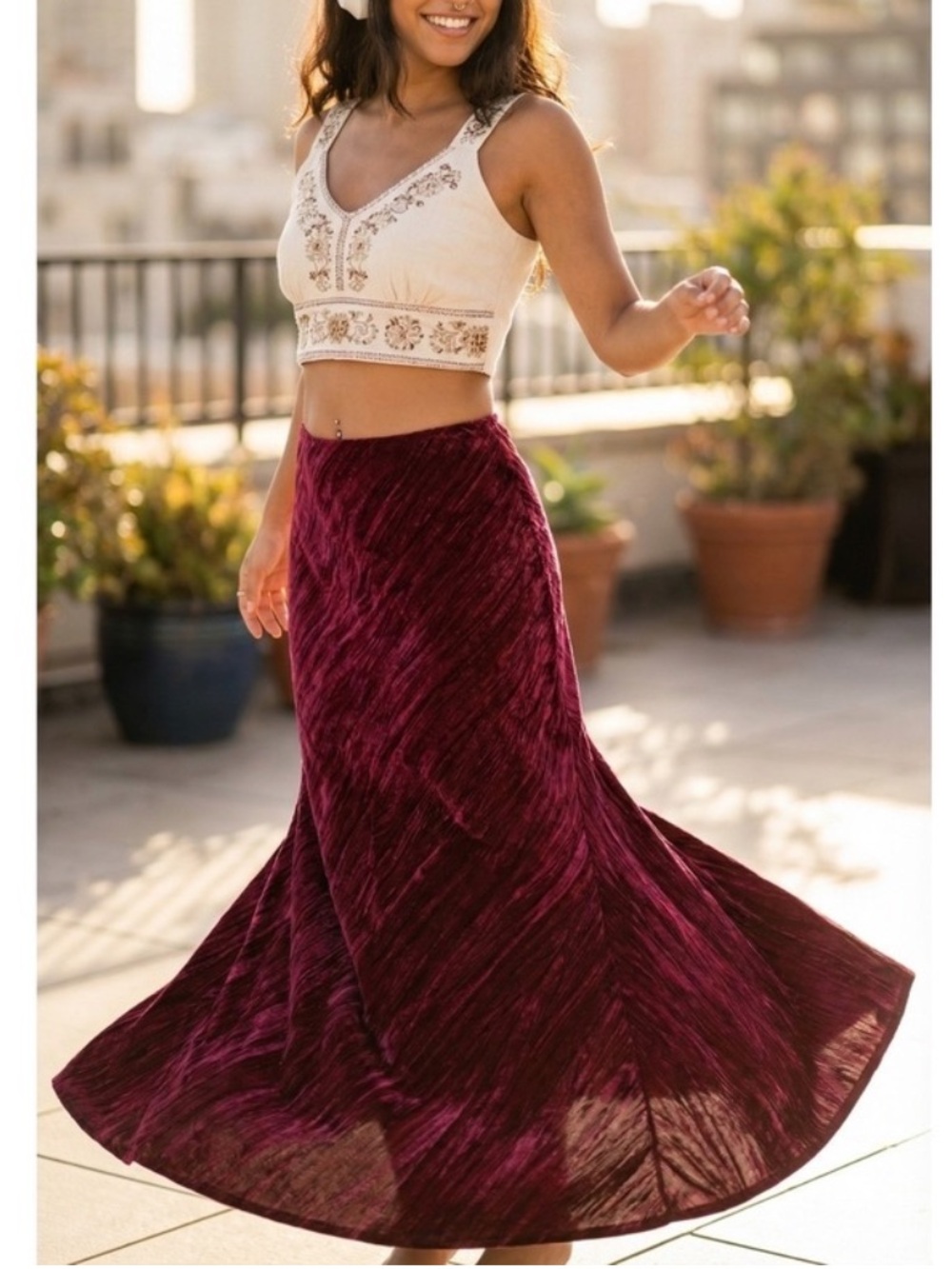 Free People Noa Crushed Velvet Burgundy Maxi Dress Size L Slip On Mermaid